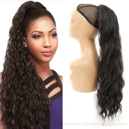Long Wavy Ponytail Hair Synthetic Drawstring Ponytail Clip in Hairpiece Black Wave Ponytail for Black Women >=60% Whoslesale